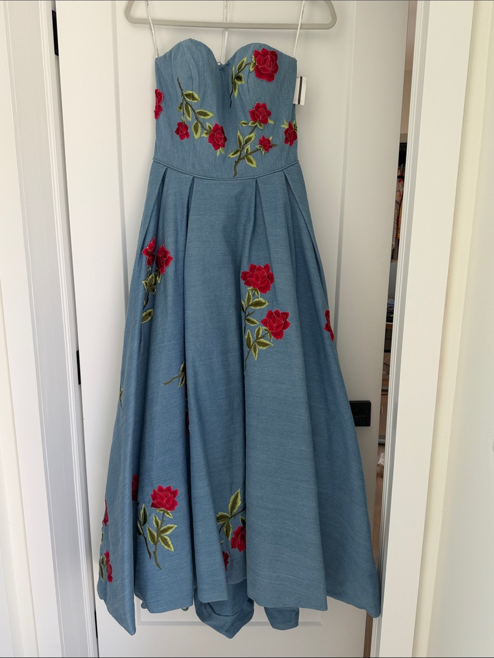 Sherri Hill Denim Strapless Floral Embroidered Party Dress with POCKETS!